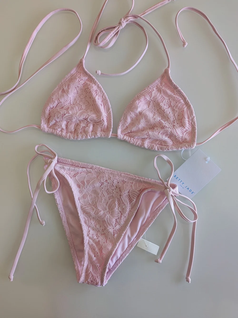 Pink Floral Lace Triangle Halter Bikini Set Side Tie XL Women's Swimwear NWT
